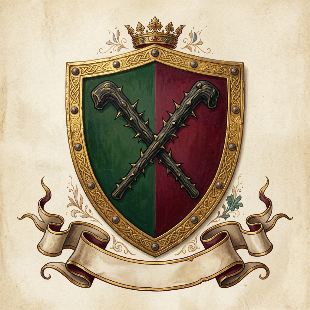Medieval heraldic crest of the Lords of Blackthorn — a gold-trimmed shield with crossed blackthorn cudgels, crown, and banner
